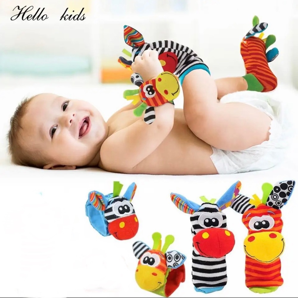 NEW - Set of 4 Baby Socks and Wrist Rattles